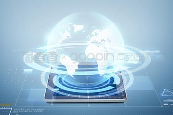 電子、技術、網絡和現代小工具概念&mdash;&mdash;平板電腦,屏幕上方藍色背景的虛擬投影